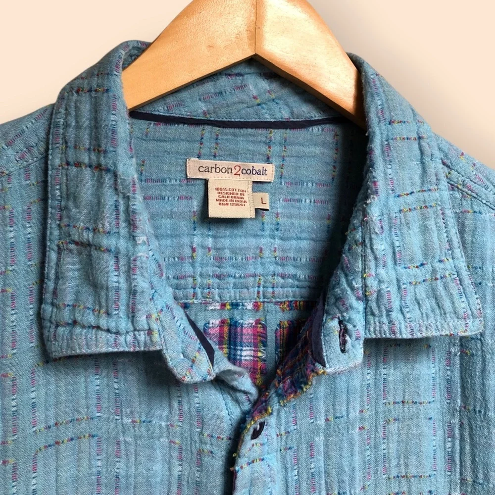 Carbon2Cobalt Blue Patchwork Stitched Boho Button Down Shirt Color Womens Large - Picture 4 of 13